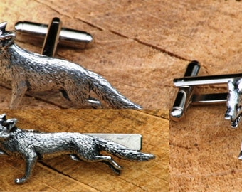 Fox Cufflinks & Tie Slide Clip Mens Hunting Fathers Day Gift Set UK Pewter cu