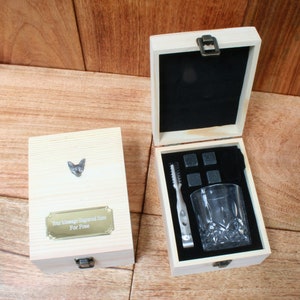 Set regalo di compleanno con whisky da caccia, bicchiere in legno, incisione gratuita personalizzata, regalo di compleanno con corno da puntatore a forma di cavallo e volpe iw