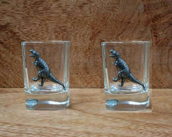 Dinosaurs Pair of Shot Glasses Crystal With Motifs T Rex Diplodocus Stegosaurus Gift sg