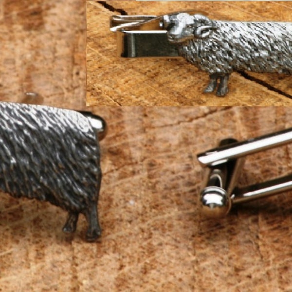 Sheep Ram Cufflinks & Tie Slide Clip Farming Fathers Day Gift Set UK Pewter 321 cu