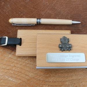 Treinen en spoorwegen Bagagelabel Kaarthouder Balpen Houten set Reislabel Gratis gravure Flying Scotsman Stoomtrein Cadeau lu