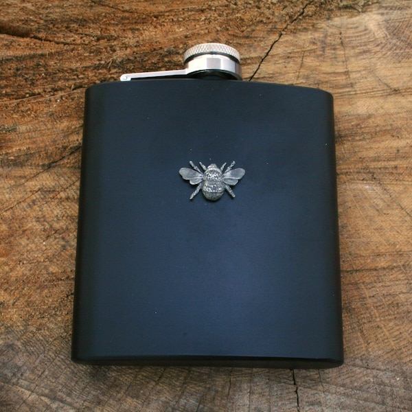 Bee Matte Black 6oz Hip Flask FREE engraving   Mens Fathers Day Gift 27 hf