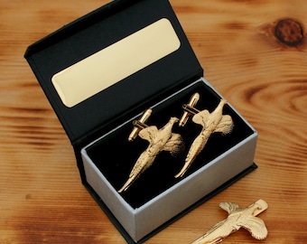 Handmade Gold Plated Pheasant Cufflinks and Tie Slide Set - Engraved Gift Box Option