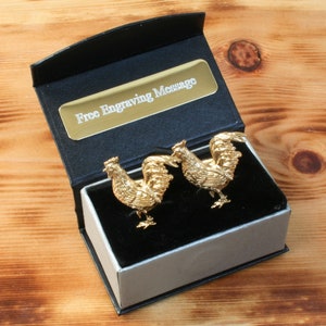Chicken Gold Plated Cufflinks UK Handmade Farming Cockerel Hens Father&#39;s Day Gift Custom Box