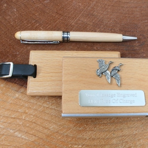Etiqueta de bagagem para pássaros de caça, porta-cartões, caneta esferográfica, conjunto de madeira, etiqueta de viagem, gravura personalizada grátis, faisão, perdiz, presente de dia dos pais