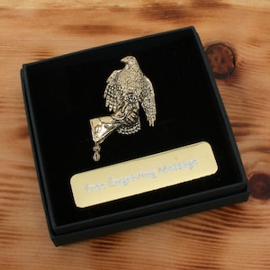 Hawk On Glove Gold Plated Pin Lapel Badge Falconry Father&#39;s Day Gift Custom Box