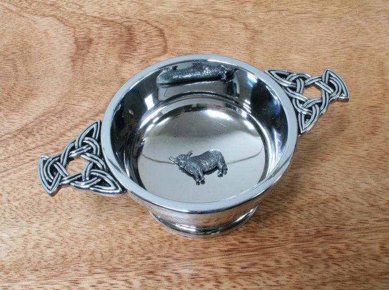 Scottish Icons Quaich Pewter Cup Drinking Bowl Christening Wedding Present Burns Thistle Piper Gift qc image 1