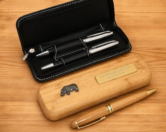 Safari Animals Luxury Wooden or Leatherette Pen Case With Matching Pen With Free Engraving Giraffe Hippo Lion  Gift