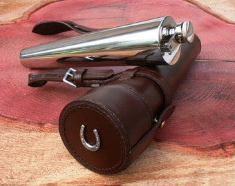 Hufeisen-Design Sattel Flasche und Ledertasche Reiten Fox Jagd Spirit Schnaps Flasche 10 Unze schwarz, braun oder rosa Geburtstagsgeschenk