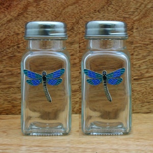 May include: A set of two glass salt and pepper shakers with silver lids. Each shaker features a blue and green dragonfly design.