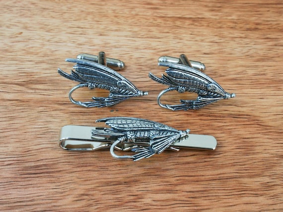 Fly Fishing Cufflinks and Tie Clips Pewter UK Handmade Reel 