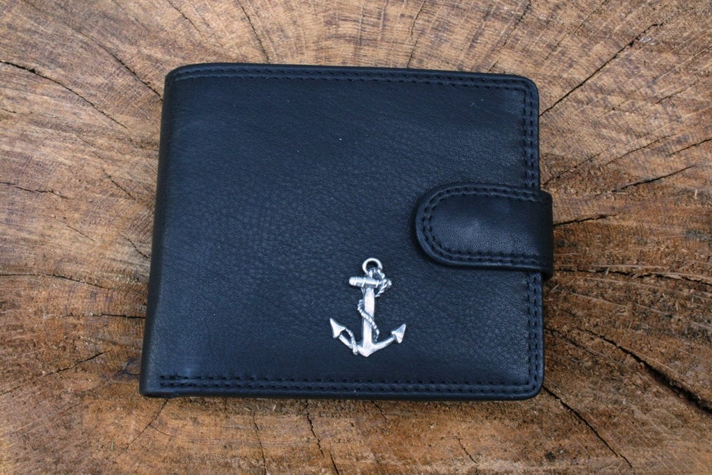 Black Leather Wallet- Anchor Metal Plate Design