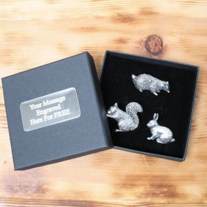 Garden Life Set Of 3 Pewter Pin Badges: Badger, Rabbit & Squirrel Lapels