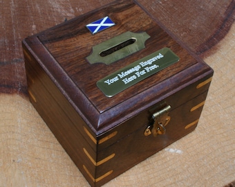 Scottish Flag Wooden Money Box Chest With FREE engraving   Fathers Day Gift 490 mb