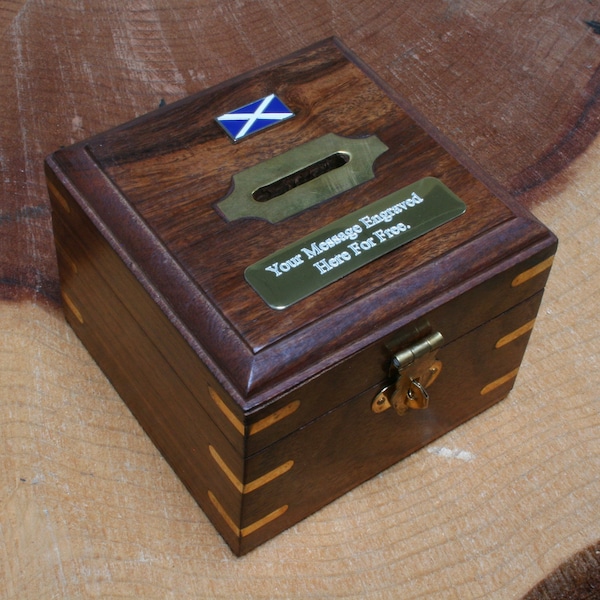 Scottish Flag Wooden Money Box Chest With FREE engraving   Fathers Day Gift 490 mb