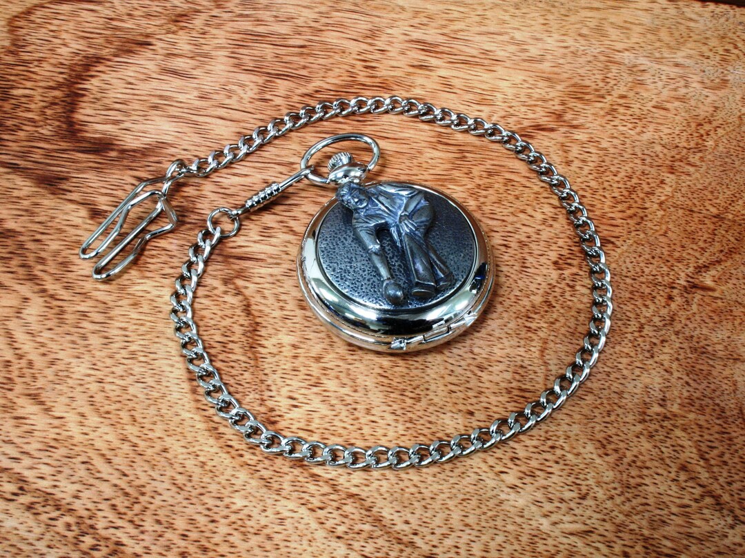Lawn Bowls Pocket Watch and Chain Pewter Fronted Quartz Free Engraving
