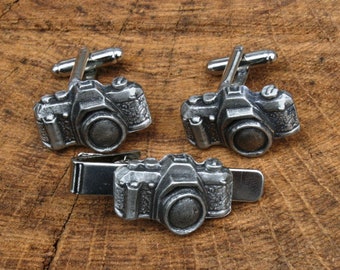 Camera Cufflinks & Tie Slide Clip Mens Fathers Day Gift Set UK Pewter 055 cu