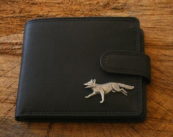 Carteira de couro Fox Running marrom ou preta para caça, presente para o dia dos pais, 142 wch