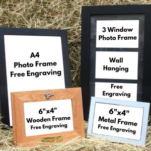 Può includere: Tre cornici per foto diverse con finiture nere, in legno e in metallo. Le cornici sono disponibili in dimensioni 6x4 pollici e A4. Ogni cornice offre incisione gratuita.