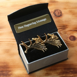 Moose Antler Gold Plated Cufflinks UK Handmade Hunting Canada Father&#39;s Day Gift Custom Box