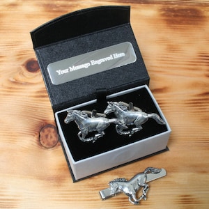 Horse Cufflinks & Tie Slide Clip Mens Father&#39;s Day Gift Set UK Pewter tbc