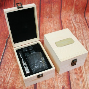 Personalised Whiskey Tumbler & Ice Stones Set In Wooden Box Crystal Cut Glass and Metal Tongs Father&#39;s Day Gift Free Engraving iw