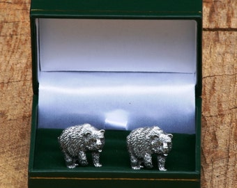 Bear Cufflinks Pewter UK Handmade Nature Fathers Day Gift 026 cu