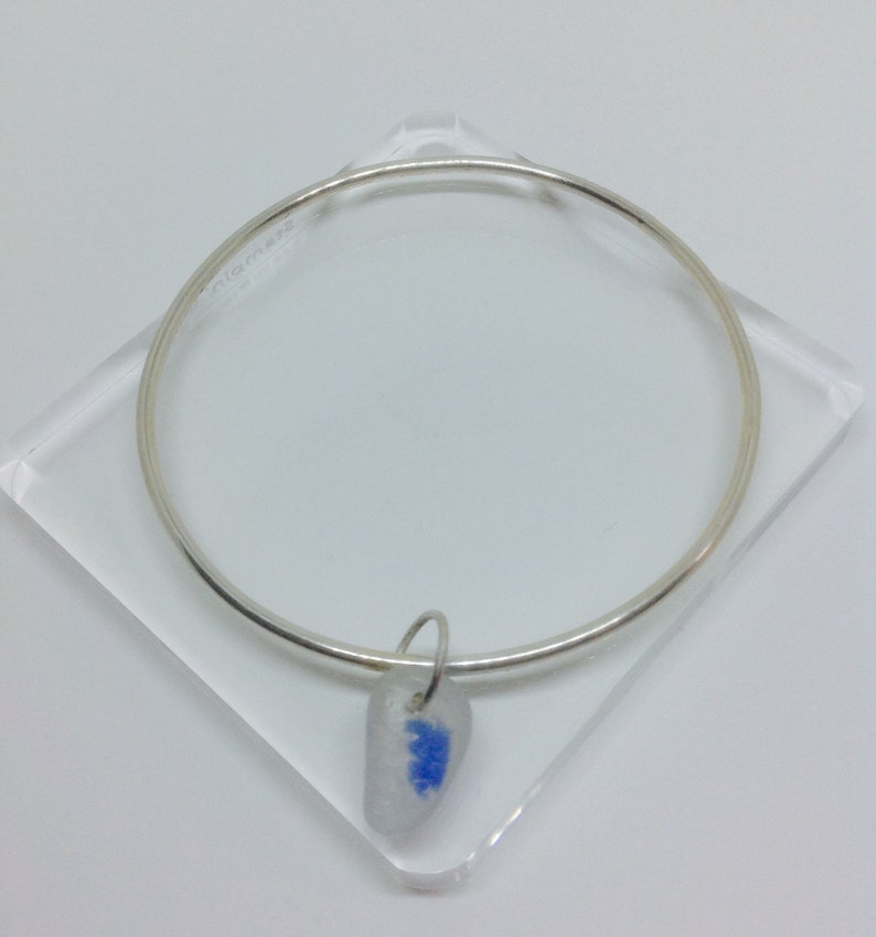 Skinny Silver Bangle Bridesmaid Bangle with Blue Sea Glass