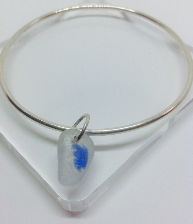 Skinny Silver Bangle Bridesmaid Bangle with Blue Sea Glass