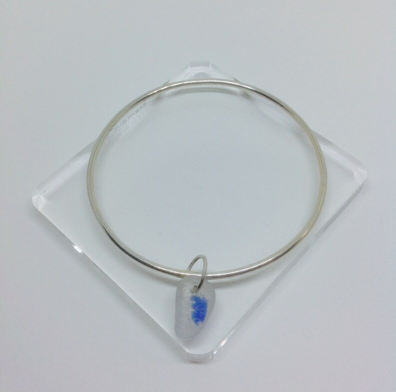Skinny Silver Bangle Bridesmaid Bangle with Blue Sea Glass
