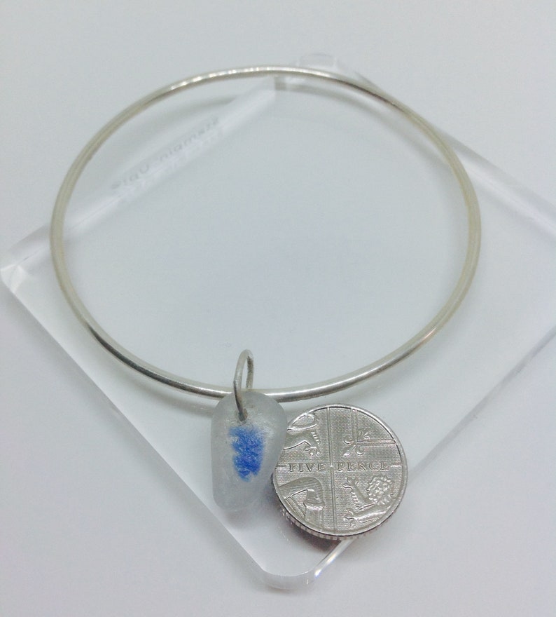 Skinny Silver Bangle Bridesmaid Bangle with Blue Sea Glass