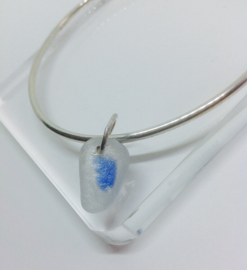 Skinny Silver Bangle Bridesmaid Bangle with Blue Sea Glass