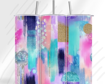 Diseño abstracto brillante y glamuroso para vaso térmico / PNG con pinceladas en rosa, verde azulado y dorado / Diseño moderno y colorido con brillo para sublimación / Funda para vaso térmico delgado de 20 oz