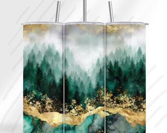 Funda para vaso Bosque Esmeralda / Paisaje de montaña verde y dorado PNG / Diseño de sublimación de acuarela de lujo / Funda delgada para vaso de 20 oz