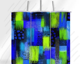 Funda para vaso eléctrico abstracto / Textura de pincel azul neón verde / Diseño de sublimación inspirado en el arte del grafiti moderno / Funda para vaso delgado de 20 oz