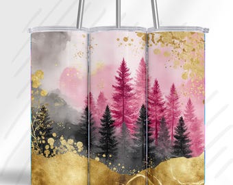 Funda para vaso rosa y dorado estilo bosque / Paisaje bohemio en acuarela PNG / Diseño de sublimación con efecto de lámina dorada / Funda para vaso delgado de 20 oz