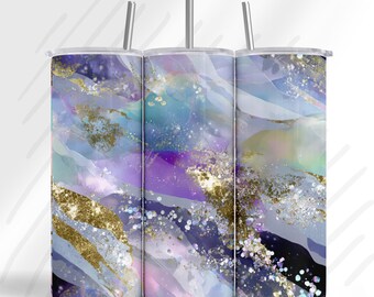 Diseño de envoltura para vaso Galaxy Glam / PNG abstracto iridiscente morado y dorado / Diseño de sublimación con brillo de mármol cósmico / Envoltura para vaso delgado de 20 oz