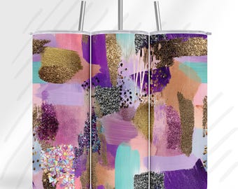 Diseño abstracto glamuroso para vasos térmicos / Textura PNG con brillo dorado y morado / Diseño moderno y artístico para sublimación / Funda delgada para vaso térmico de 20 oz