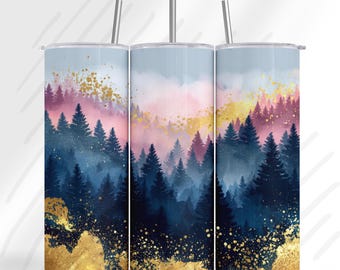 Funda para vaso rosa y azul marino con diseño de bosque / Paisaje con lámina dorada PNG / Escena de montaña en acuarela / Sublimación / Funda delgada para vaso de 20 oz