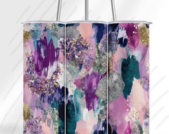 Diseño de lujo abstracto con purpurina para vaso / Textura de pincelada morada, verde azulado y dorada (PNG) / Diseño de sublimación inspirado en el arte glamuroso / Diseño para vaso delgado de 20 oz