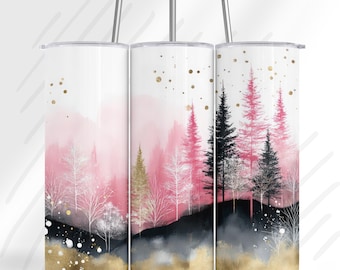 Funda para vaso Bosque Rosa y Dorado / Paisaje rosa acuarela PNG / Diseño elegante para sublimación / Funda delgada para vaso de 20 oz