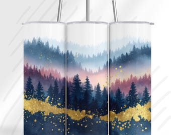 Diseño de sublimación elegante para vaso térmico: Bosque Brumoso Azul y Dorado / Paisaje de Montaña en Acuarela PNG / Diseño de Sublimación Elegante / Diseño para vaso térmico delgado de 20 oz