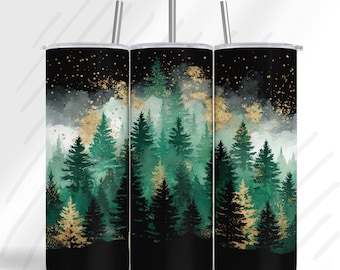 Funda para vaso Bosque de Medianoche / Paisaje acuarela verde oscuro y dorado PNG / Diseño elegante de sublimación de naturaleza / Funda delgada para vaso de 20 oz