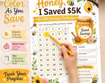 Plantilla imprimible del reto de ahorro de 5000, rastreador de ahorros Honey Bee, reto de dinero de 5K, inserto para planificador de presupuesto, descarga en PDF de 8.5x11