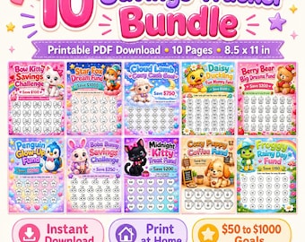 Paquete imprimible de 10 retos de ahorro adorables / Rastreador de ahorros en PDF / Carpeta de presupuesto para acumular efectivo / Metas de 50 a 1000