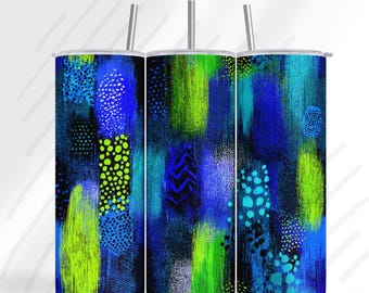 Funda para vaso eléctrico abstracto / Textura de pincel azul neón verde / Diseño de sublimación inspirado en el arte del grafiti moderno / Funda para vaso delgado de 20 oz