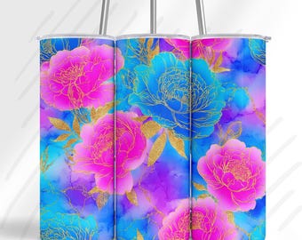 Diseño floral de lujo para vaso térmico / Flores brillantes en acuarela PNG / Diseño por sublimación con efecto de lámina dorada / Diseño para vaso térmico delgado de 20 oz