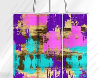 Diseño de pincelada eléctrica de lujo / PNG abstracto en morado, rosa, verde azulado y dorado / Diseño de sublimación de arte moderno y glamuroso / Envoltorio para vaso delgado de 20 oz