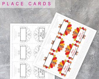 May include: Sheets of DIY place cards with turkey designs. One sheet features black and white turkey outlines, while the other has colorful turkeys with "Happy Thanksgiving!" text. The words "DIY PLACE CARDS" are at the top.