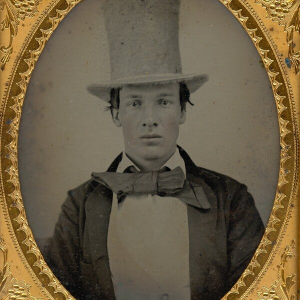 1/4 Ambrotype " Young Man in Large White Beaver Top Hat "